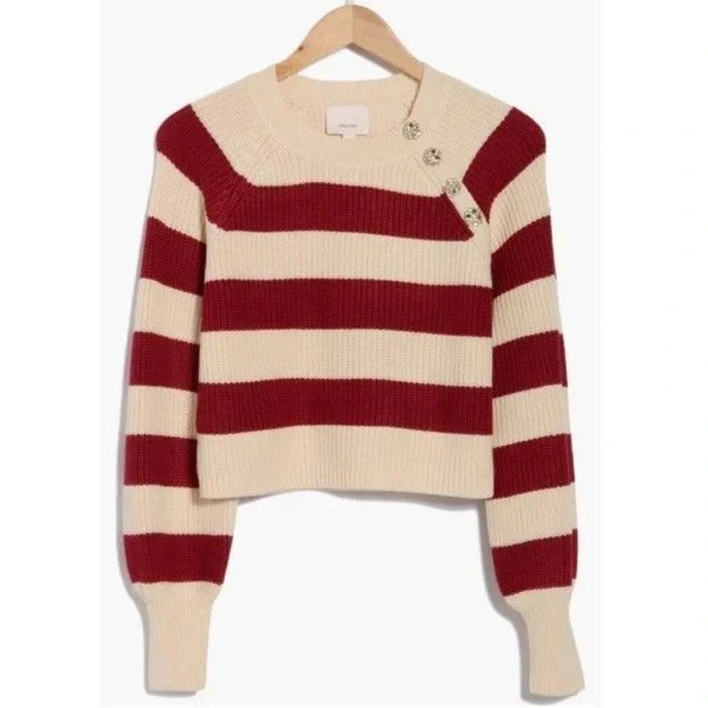 NWOT Cinq à Sept Keren Striped Embellished Wool Blend Sweater Burgundy Ivory L